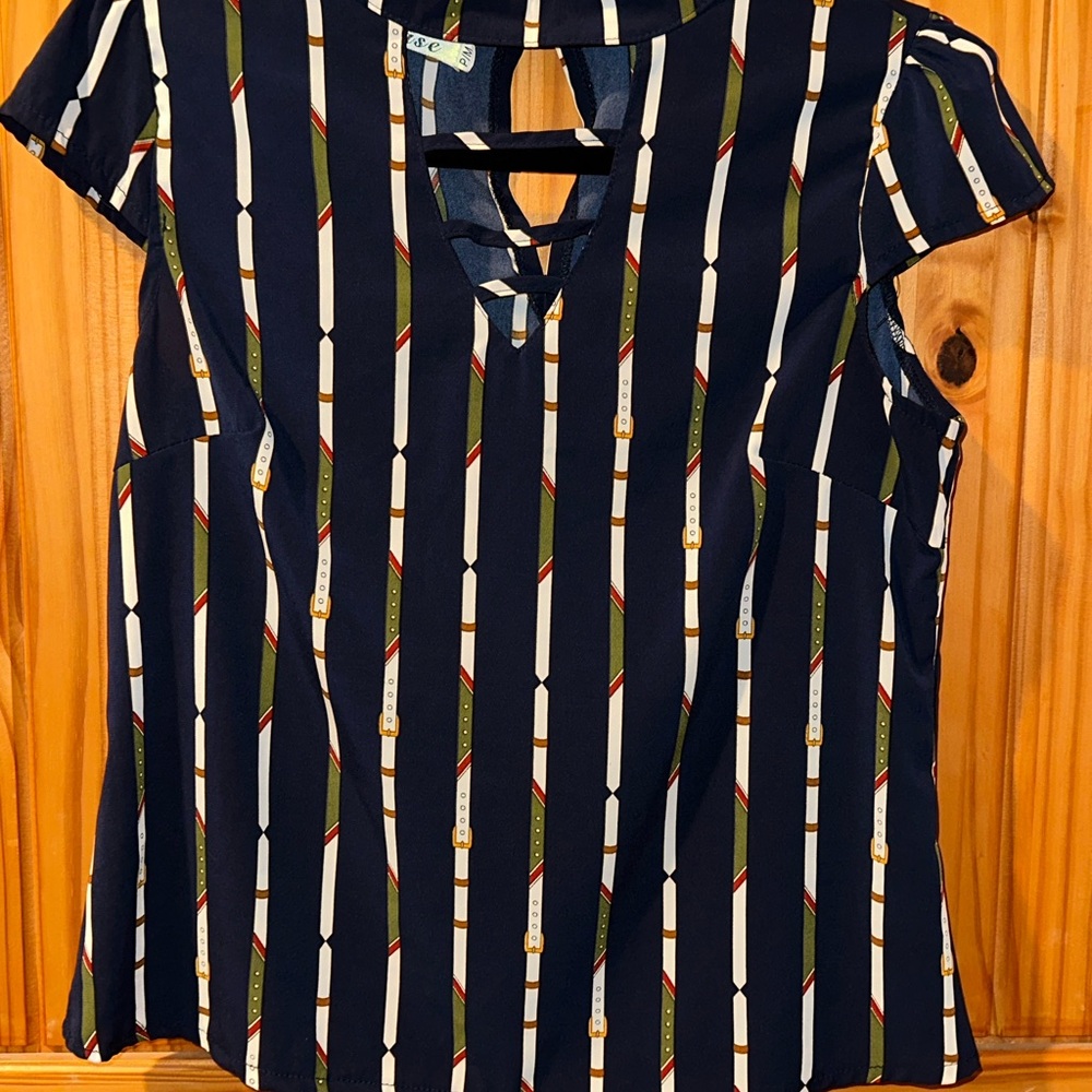 Navy Striped Blouse with Keyhole Neckline